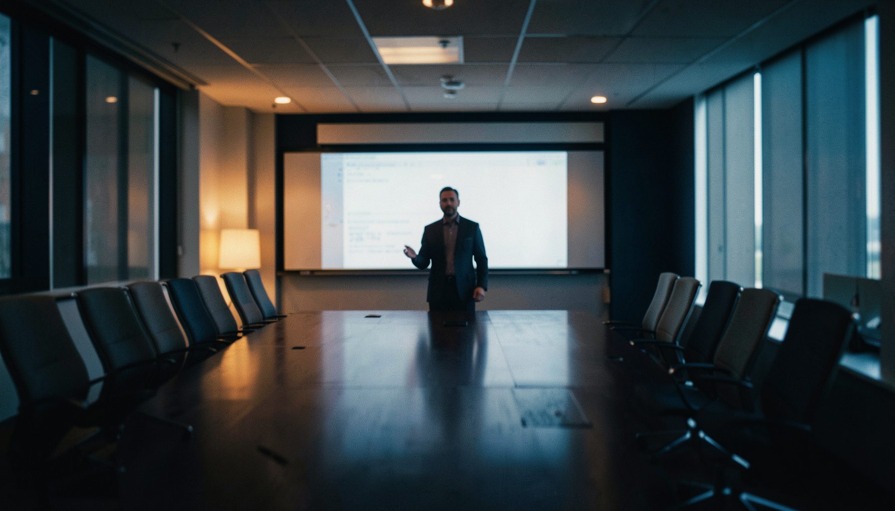 Wide cinematic frame of a softly lit conference room with a lone presenter at the front, warm amber and deep navy tones.