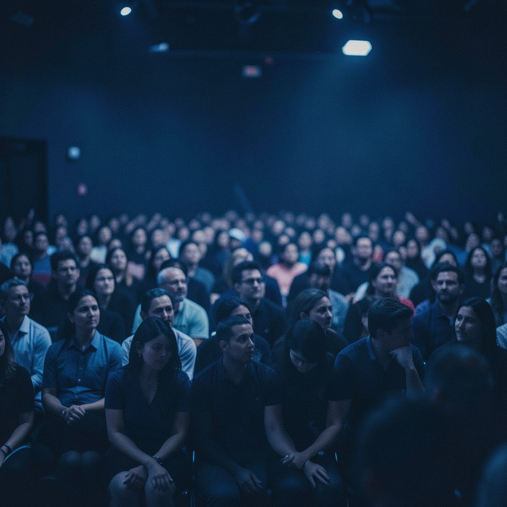 Warmly lit audience in soft focus, deep navy and amber tones, engaged and attentive atmosphere