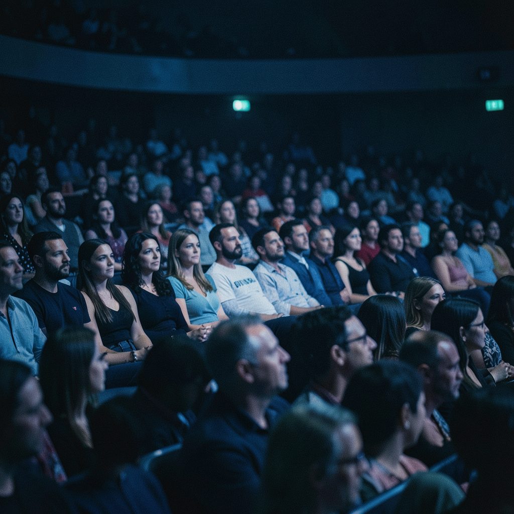 Wide cinematic frame of an engaged audience in a softly lit auditorium, warm amber and deep charcoal tones, attentive and inspired mood